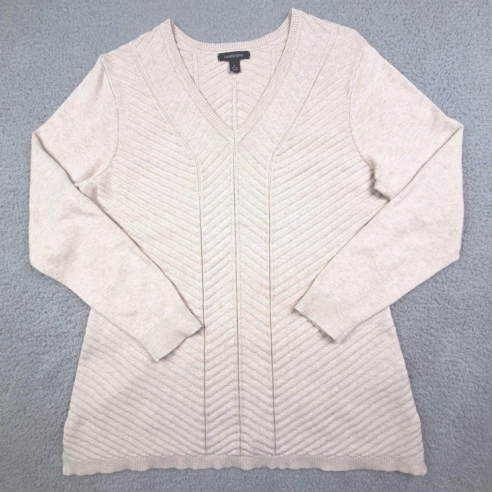 Lands End Sweater Womens Large Oatmeal 100% Cotton Rib Knit Textured Pullover